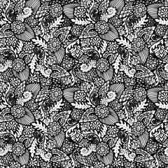 Seamless pattern with floral items. Hand-drawn black and white background.