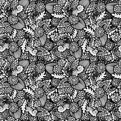 Seamless pattern with floral items. Hand-drawn black and white background.