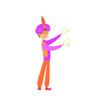 Magician making some stars by his magic power. Cartoon man character in colorful costume and turban with red feather. Circus performer. Flat vector design