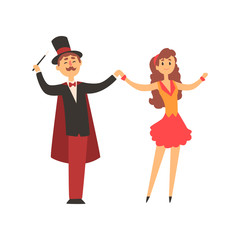 Magician and his assistant girl standing with smiling faces. Moustached man in suit with red cape and top hat. Curly-haired woman in colorful short dress. Circus performance. Flat vector illustration.