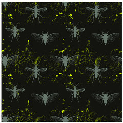 Insect world vintage worn out seamless pattern for web, textile and print. Grunge effect, worn out style, retro pattern with flies, butterflies and mosquitos.