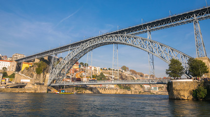 The oldtown skyline at Sunset from Dom Luis Bridge, Douro River, Porto, Portugal, Iberian Peninsula, Europe