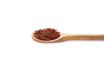 Red wild rice pile in wooden spoon isolated on white background