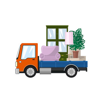 Freight Car is Transporting Furniture, Isolated on a White Background, Transportation and Cargo Delivery Services, Logistics, Vector Illustration