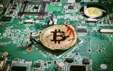 miniature miner worker teamwork digging for golden bitcoin on circuit board. digital currency...
