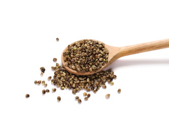 Hemp seeds in wooden spoon isolated on white background