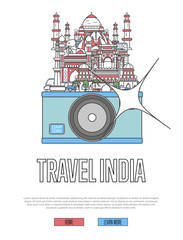 Obraz premium Travel India poster with famous architectural attractions on big camera. Worldwide traveling and time to travel vector concept in linear style. Indian national landmarks, world tourism and journey