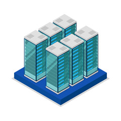 Data centre with server racks isometric 3D icon. Internet network equipment, cloud database sign, computer technology vector illustration.