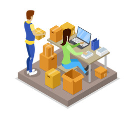 Delivery logistics concept with courier isometric 3D icon. Freight shipping, warehouse management and delivery transportation vector illustration.