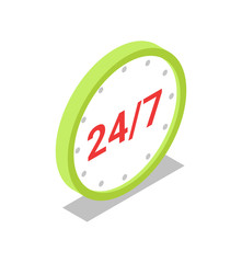 Round the clock trading isometric 3D icon. 24h supermarket shopping symbol, retail and distribution sign isolated vector illustration.