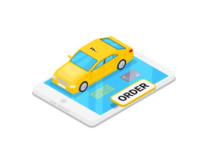 Online taxi ordering isometric 3D icon with tablet computer. Interactive payment, city transportation isolated vector illustration.