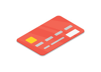 Red bank credit card isometric 3D icon. Online payment symbol, cash withdrawal, financial operations vector illustration isolated on white background
