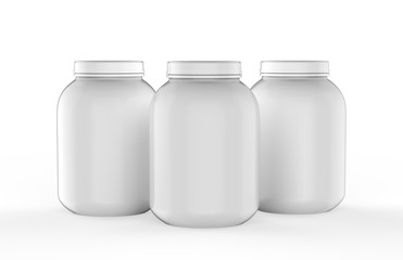 Protein or gainer powder container tub and jar ready for your design labels. 3d illustration.