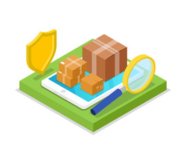Delivery logistics concept with tablet computer isometric 3D icon. Freight shipping, route logistics, delivery transportation vector illustration.