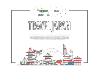 Travel Japan poster with famous architectural attractions in linear style. Worldwide traveling and time to travel concept. Japan landmarks, city skyline, global tourism and journey vector background.