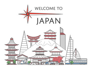 Welcome to Japan poster with famous architectural attractions in linear style. Worldwide traveling and time to travel concept. Japanese national landmarks, global tourism and journey vector background