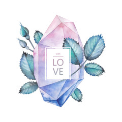 Watercolor crystal and rose leaves
