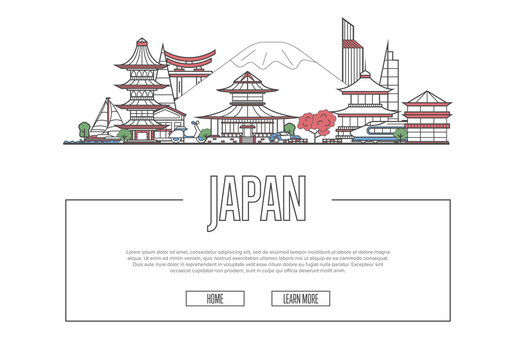 Travel Japan vector composition with famous architectural landmarks in linear style. Worldwide traveling and time to travel concept. Japanese national attractions on white background, global tourism.