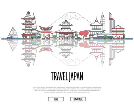 Travel Japan poster with national architectural attractions in trendy linear style. Japanese famous landmarks and traditional symbols on white background. Global tourism and journey vector concept.