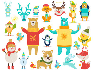 Plakat Collection of Animals, Snowmen Vector Illustration