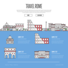 Rome city travel vacation guide with most important architectural attractions in trendy linear style. Roman skyline with national famous landmarks. Worldwide traveling and journey vector concept