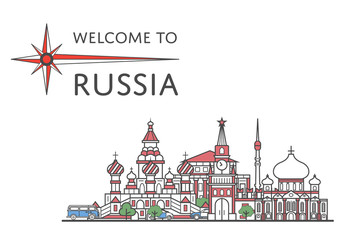 Welcome to Russia poster with famous architectural attractions in linear style. Worldwide traveling and time to travel concept. Moscow national landmarks, global tourism and journey vector background.
