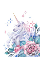 Watercolor unicorn decorated with roses and crystals © Ekaterina Glazkova