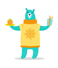 Big Bear in Sweater with Snowflake Holds Present
