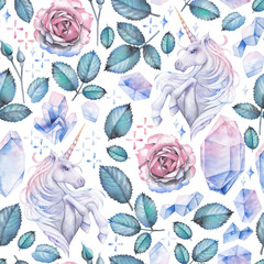 Watercolor design with unicorn and rose vignette © Ekaterina Glazkova