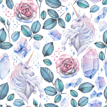 Fototapeta Watercolor design with unicorn and rose vignette