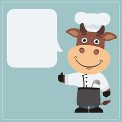 Chef bull with speech bubble in cartoon style. Smiling bull cook says and shows like.