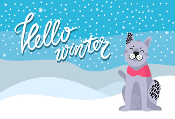 Hello Winter Poster with Spotted Grey Dog Collar