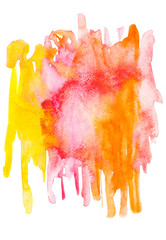 Abstract painting with red, pink, orange and yellow watercolour paint blots and strokes on white