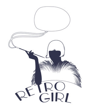 Retro style emblem representing a flapper girl smoking in long pipe. Smoke making a text balloon