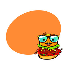 Funny character of burger in eyeglasses and with place for text and mustache, vector cartoon illustration isolated on white background
