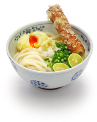 japanese cold Sanuki udon noodles on toppings with surimi tempura and soft boiled egg tempura