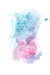 Abstract painting with blue and pink watercolour paint spots on white