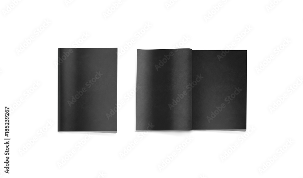 Poster opened and closed blank black magazine mockup isolated, 3d rendering. grey journal pages mock up lyi