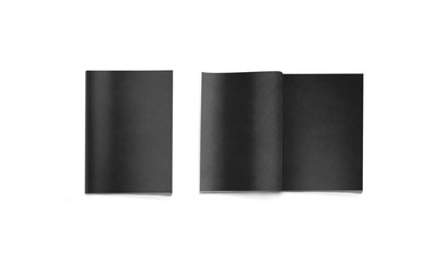 Opened and closed blank black magazine mockup isolated, 3d rendering. Grey journal pages mock up...
