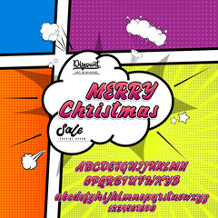 Merry Christmas -sale, discount sticker. Comic alphabet set. Letters, numbers and figures for kids' illustrations websites comics banners.