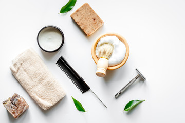 Mens hairdressing desktop with tools for shaving top view