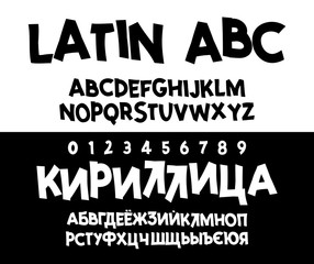 Vector Alphabet. Cyrillic and Latin , font. Unique Custom Characters. Hand Lettering for Designs - logos, badges, postcards, posters, prints. Handwriting Typography.