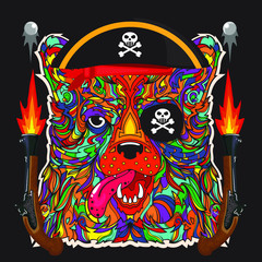 Pirate face of dog with hat and guns, vector ornamental illustration isolated on black background