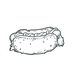 Vector sketch sausage hot dog with sauce in monochrome color isolated on white background. Hand drawn fast food sketch