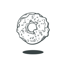 Sketch donut with glaze, sprinkles and stars, illustration isolated on a white background with gray shadow. Sweet delicious dessert food to coffee or tea