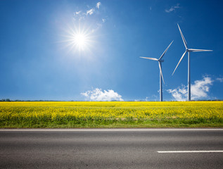 Asphalt road among the summer sunny field with wind power electricity turbines - 185240298