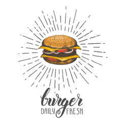 Hand-drawn hamburger isolated on white. Trendy element for fast food menu. Hand made lettring. Vector object. Sketch, engraving