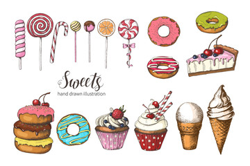 Sweets set. Hand drawn donuts, ice cream, cake and cupcakes. Desert design for menu, advertising and banners. Sketch, lettering.