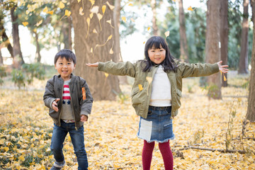 銀杏の葉を投げて遊ぶ子供