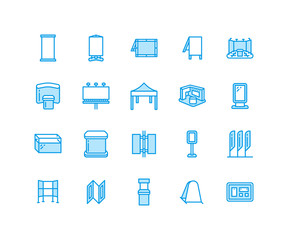 Advertising exhibition banner stands, display line icons. Brochure holders, pop up boards, bow flag, billboard folding marquees promotion design elements. Trade objects signs. Pixel perfect 64x64.